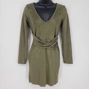 3/$25 Windsor Faux Suede Mini Sheath Dress S Long Sleeves V Neck Olive Green